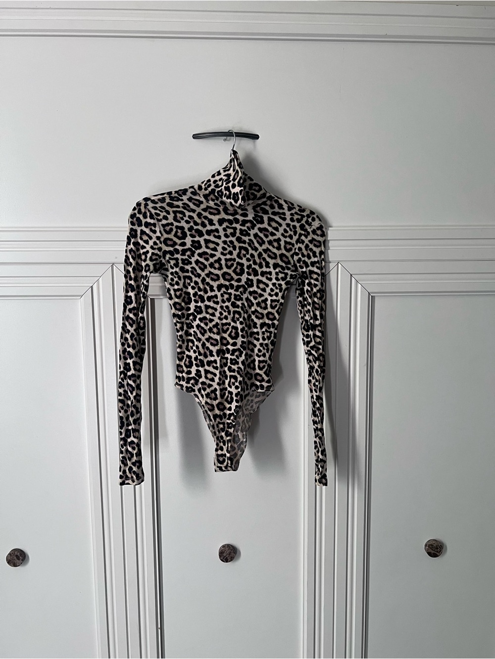 H&M Leopard Print Long-Sleeve Turtleneck Bodysuit in Beige and Black